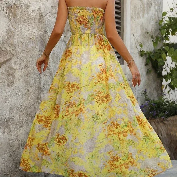 Yellow Boho Women's Floral Print Draped Front Split Hem Strapless Top - Picture 2 of 6